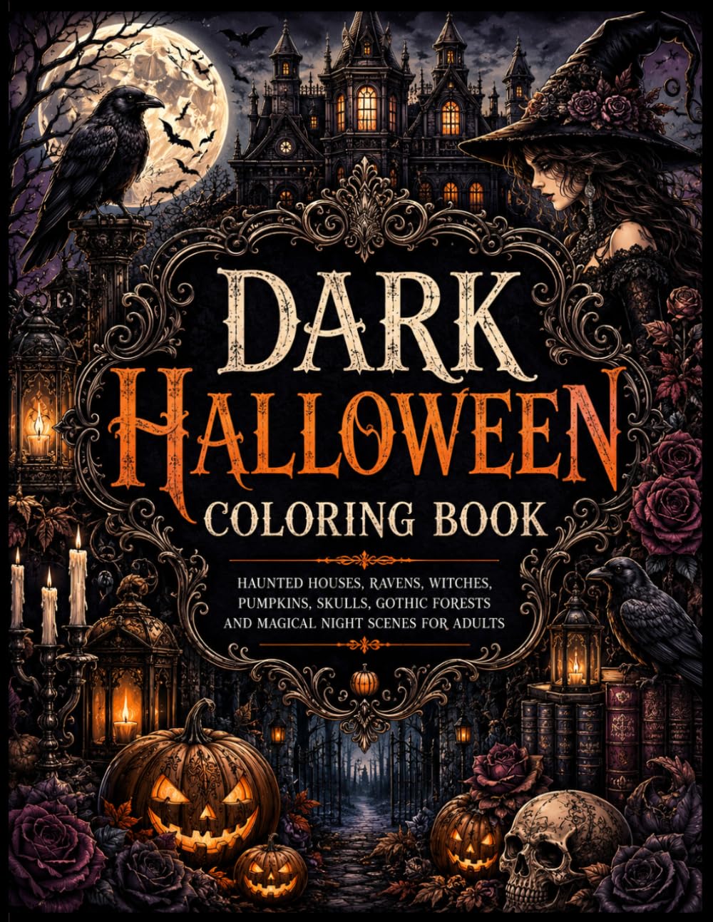 Dark Halloween Coloring Book: 40 Haunted Houses, Ravens, Witches, Pumpkins, Skulls, Gothic Forests and Magical Night Scenes for Adults