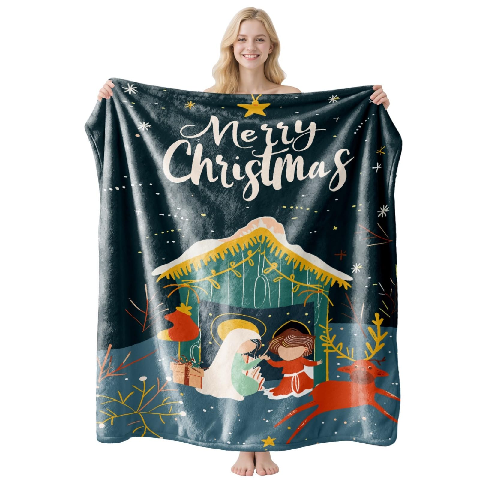 RMWQZRPV Large Size Christmas Blanket, Flannel nap Blanket, Christmas House Pattern, Green
