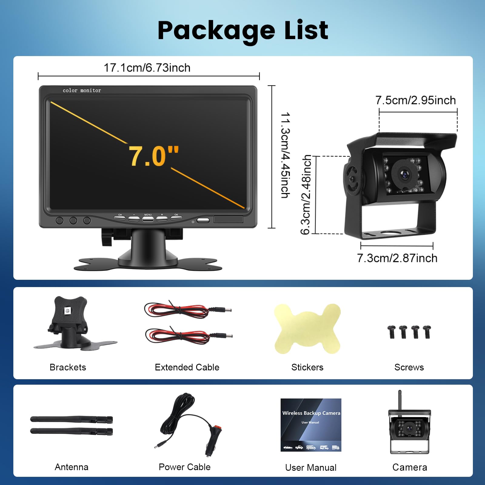 Hodozzy Cámara Marcha Atras Inalámbrica Kit, 7 Pulgadas HD Monitor Marcha Atrás con Vigilancia de Ángulos Muertos, 1080P Camara Trasera Visión Nocturna Impermeable, Cámara para Coche Camiones 12V-36V