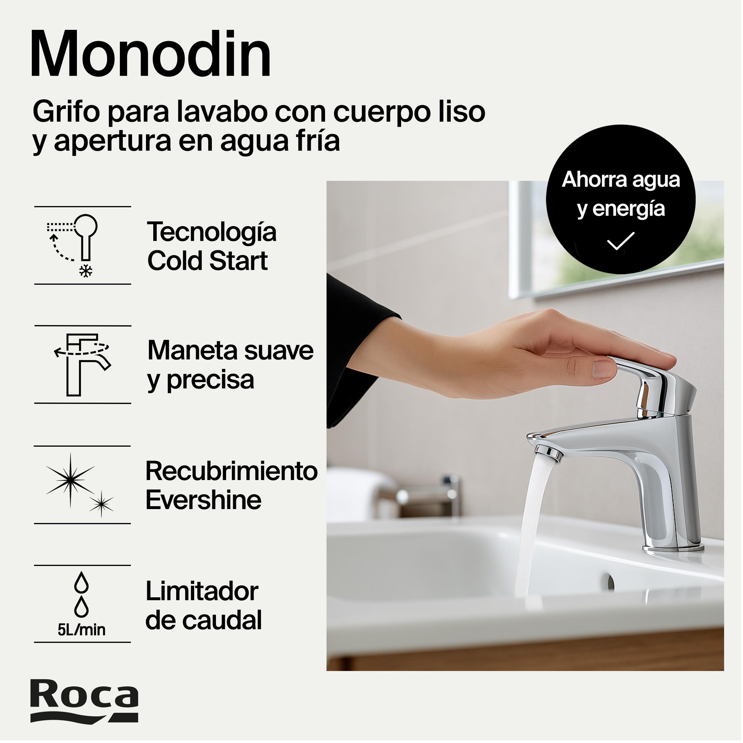 Roca Monodin Grifería para lavabo con tecnología Cold Start, grifo monomando de repisa con enlaces de alimentación flexibles, mezclador de cuarto de baño de fácil instalación, cromado, A5A3298C00
