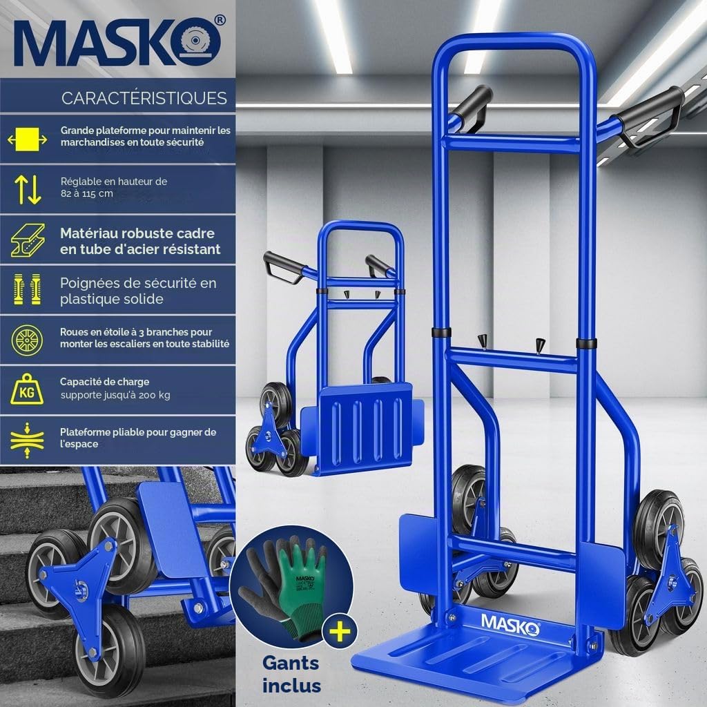 MASKO® Diable pour escaliers Pliable, 200kg, Pneus en Caoutchouc Dur | Poignées en Plastique | Cadre en Acier - Bleu