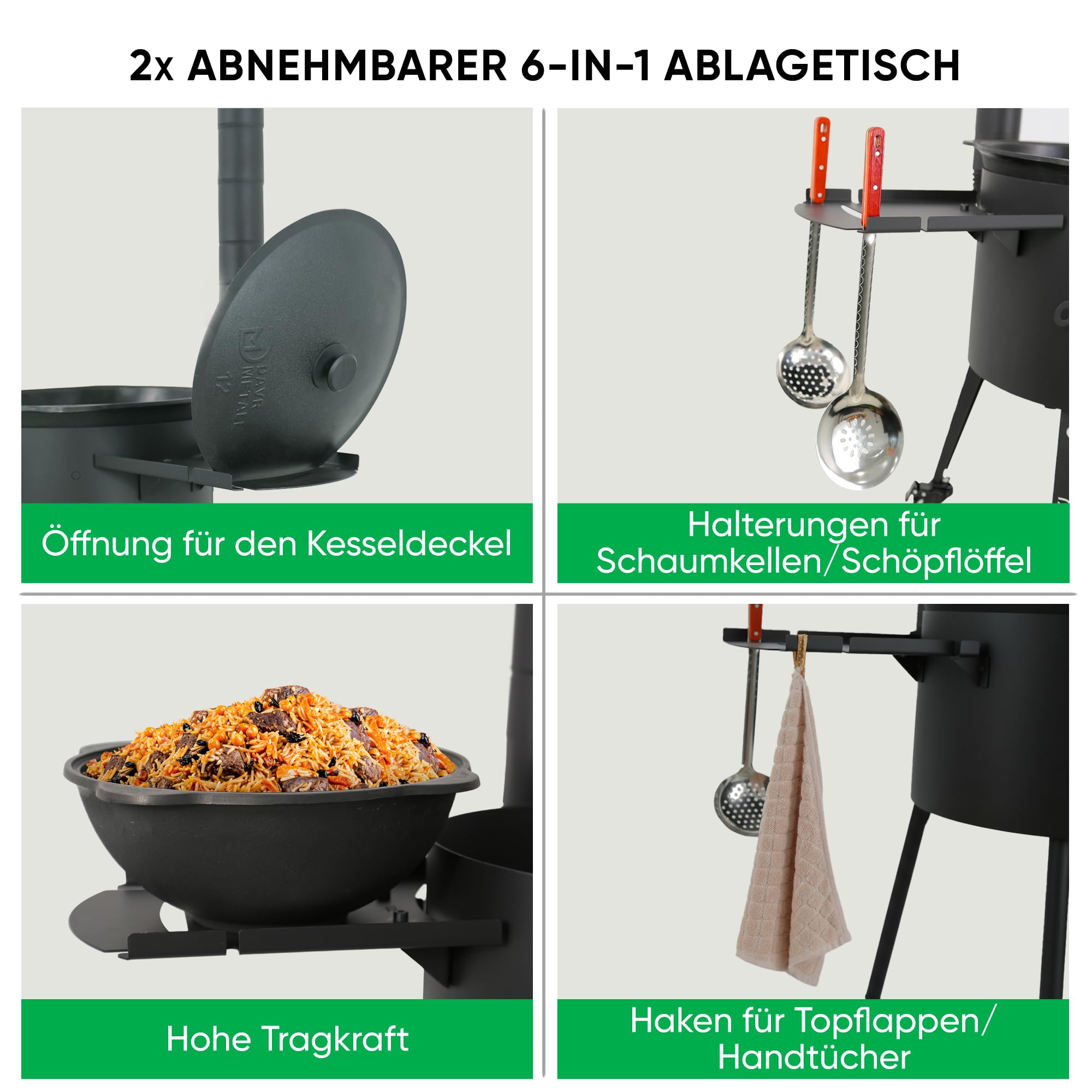 Utschak Feuerofen Ø 49cm für Kazan Wok 22L | Uchag mit Abzugsrohr & Rohrverlängerung, Ablagetisch, Räder | Учаг Feuerschale Gulaschkanone | Usbekische Plov Kasan Grill Feldküche (Mit Adapter-Ringen)