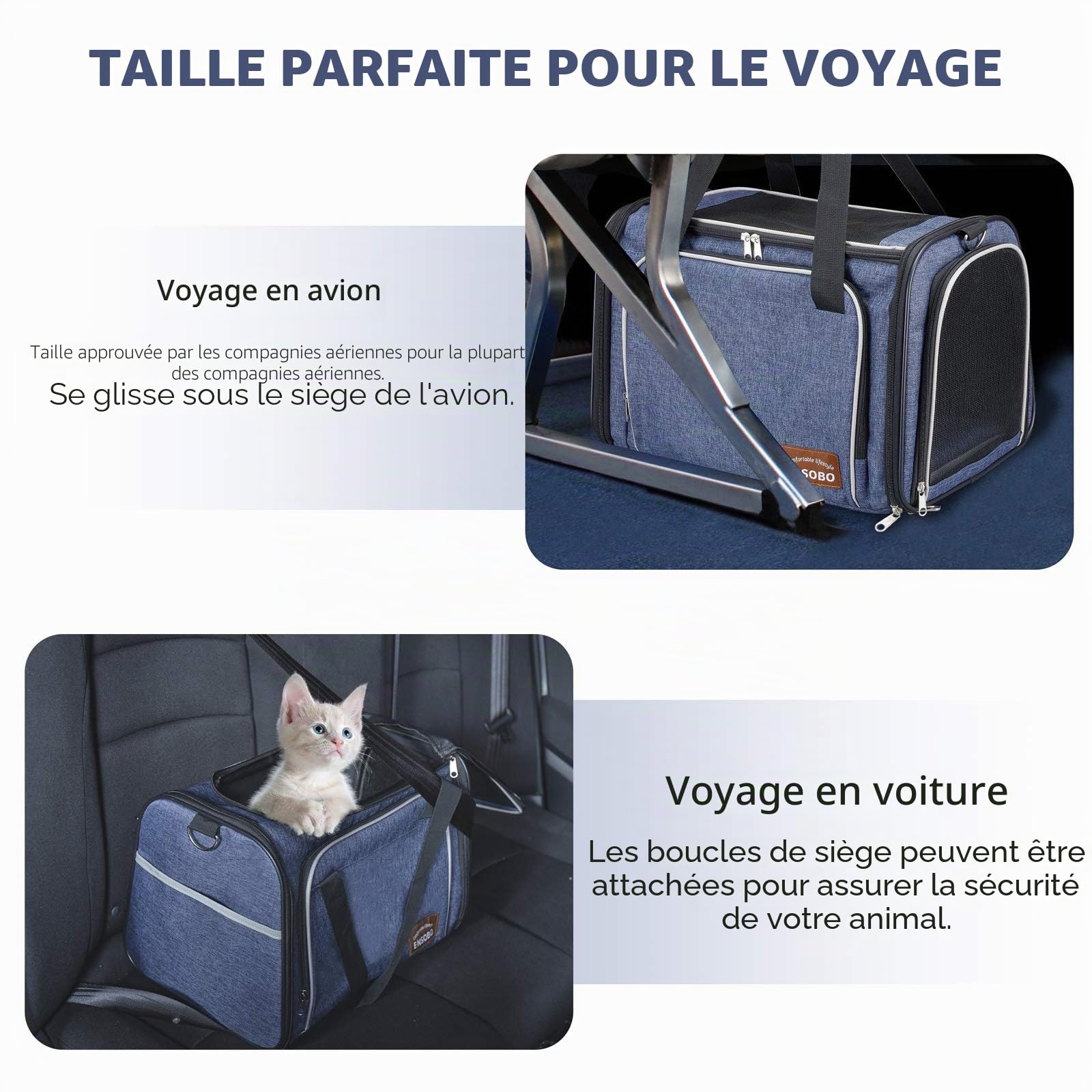 Sac Transport Chat Chien, ENSOBO Matériau Denim Résistant aux Rayures Sac de Transport pour Animal de Compagnie Avec Matelas Souple, Caisse de Transport Chat Respirant pour un Voyage Confortable