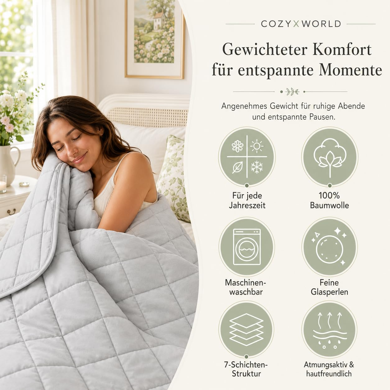 Gewichtsdecke 135x200cm 9kg, Entspannungsdecke 100% Baumwolle Schwere Decke, Weighted Blanket Anti Stress Therapiedecke, Gewichtsdecke Erwachsene zum Besser schlafen, Oeko-Tex Zertifiziert,Hellgrau