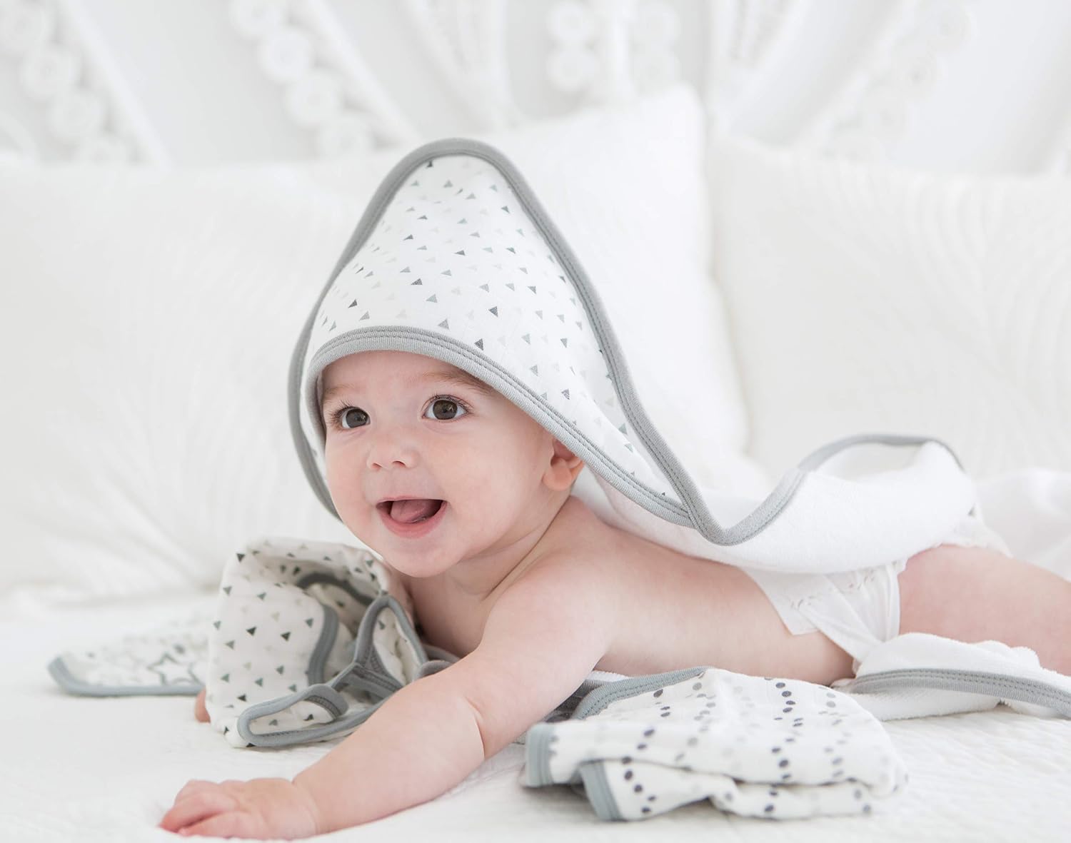 SwaddleDesigns Cotton Terry Baby Hooded Towel, Tiny Triangle Shimmer, Sterling