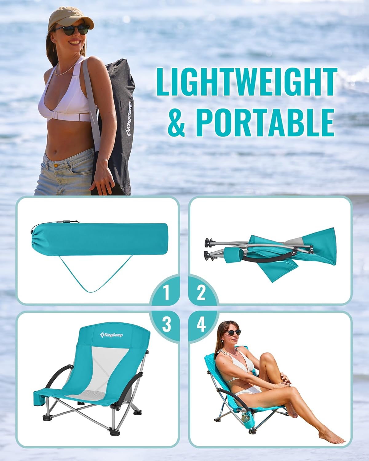 KingCamp Low Beach Chairs, Folding Portable Chair for Adults Lightweight Extra Wide Seat 300lbs Heavy Duty Oversized Backpack, Carry Bag for Camping - Image 7