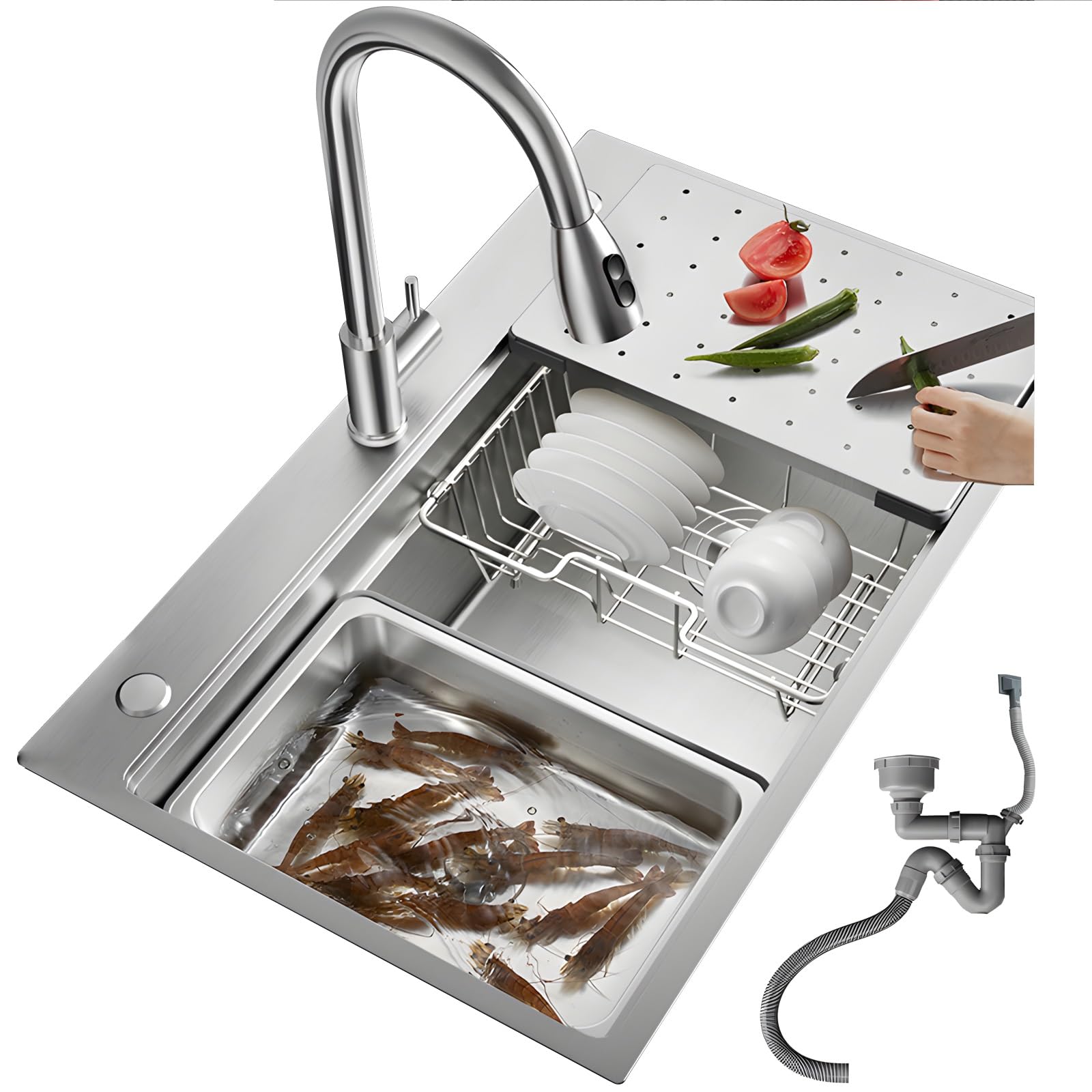 Évier de cuisine 1 vasque en acier inoxydable brossé 70x50 cm avec siphon