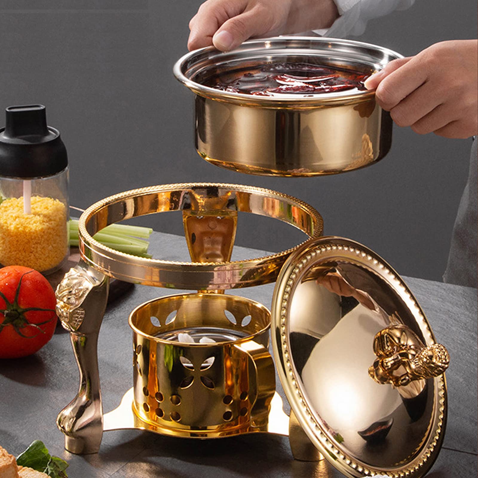 Spirituskocher Für Innenraum Campingkocher Mit Topf, Edelstahl Camping Alkoholkocher, Tragbarer Campingkocher Spiritusbrenner Für Hot Pot Grillen Picknick,Gold-A