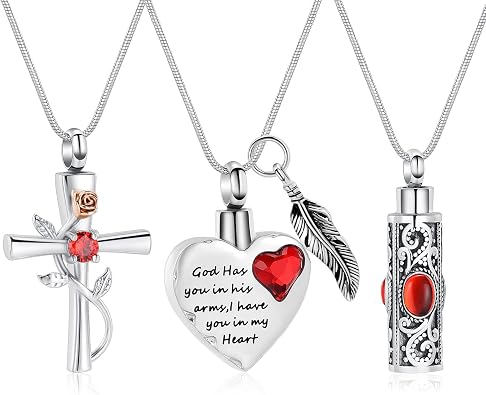 3 Pcs Cylinder/Cross/Heart Urn Necklace for Ashes Cremation Jewelry for Women Men Stainless Steel Memorial Necklaces Ash Holder for Human Pets Keepsake Jewelry for Loved Ones with Fill Tool
