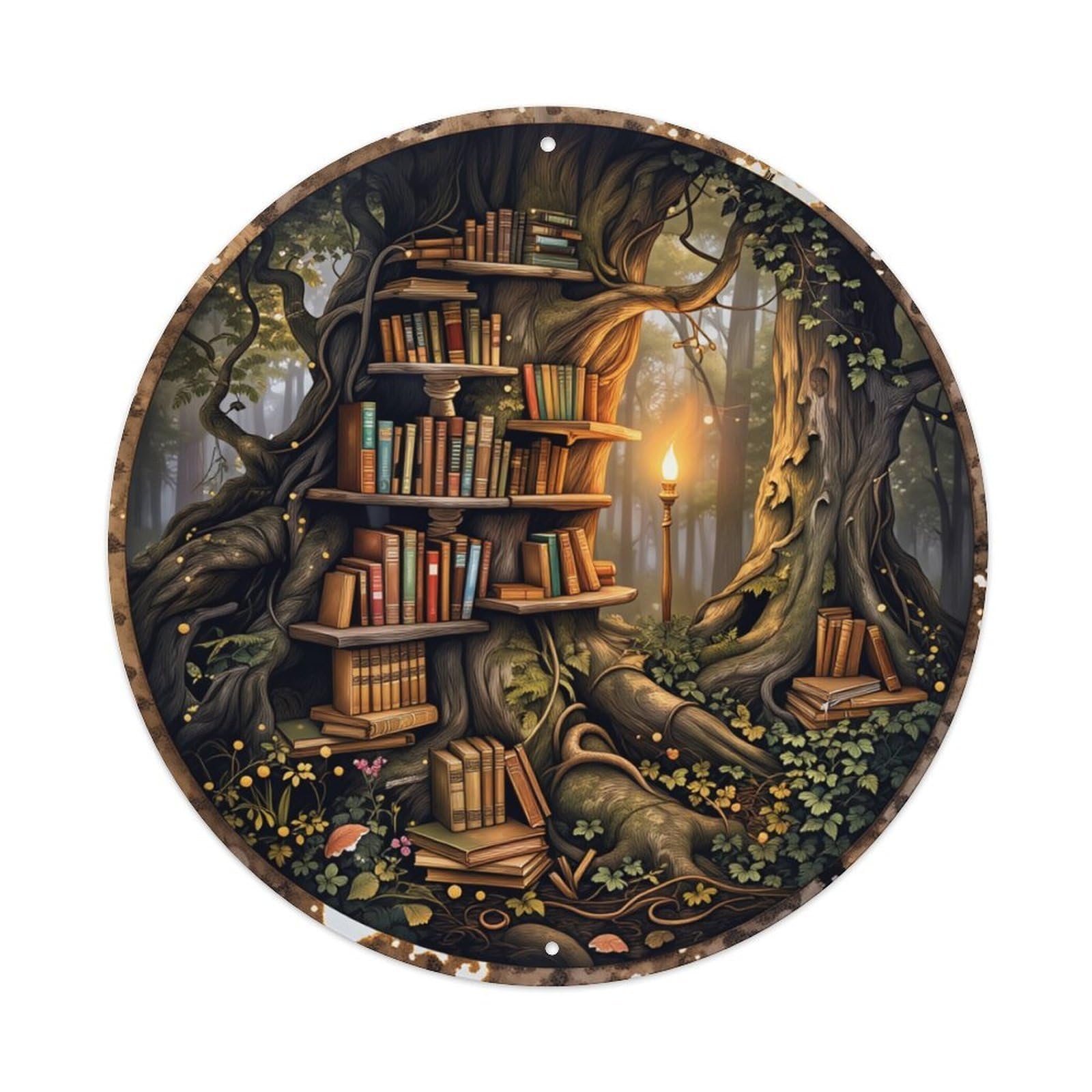 Enchanted Forest Library Tree Books Round Tin Sign Retro Metal Sign for Cafe Bar Pub Home Game Room Gym Club Wall Decoration Vintage Metal Poster 8x8 Inch