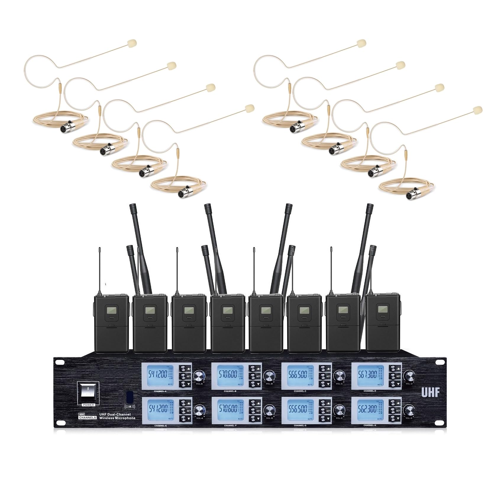 Bolymike 8800 Wireless Microphone System with 8 Bodypacks 8 Single Earset Condenser mics, UHF 8 Channels Microphones, Range 328 ft, for Studio, Band, School, Church