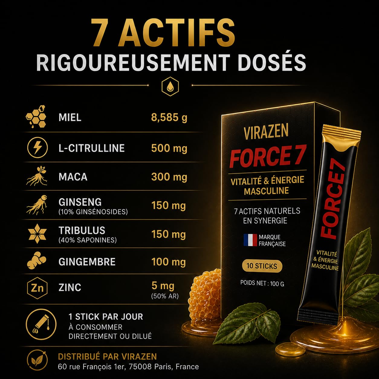 Miel Énergie Homme en Sticks – Effet Immédiat – Vitalité & Performance Masculine – Maca, Ginseng, Tribulus & Zinc – 10 Sticks – VIRAZEN FORCE 7