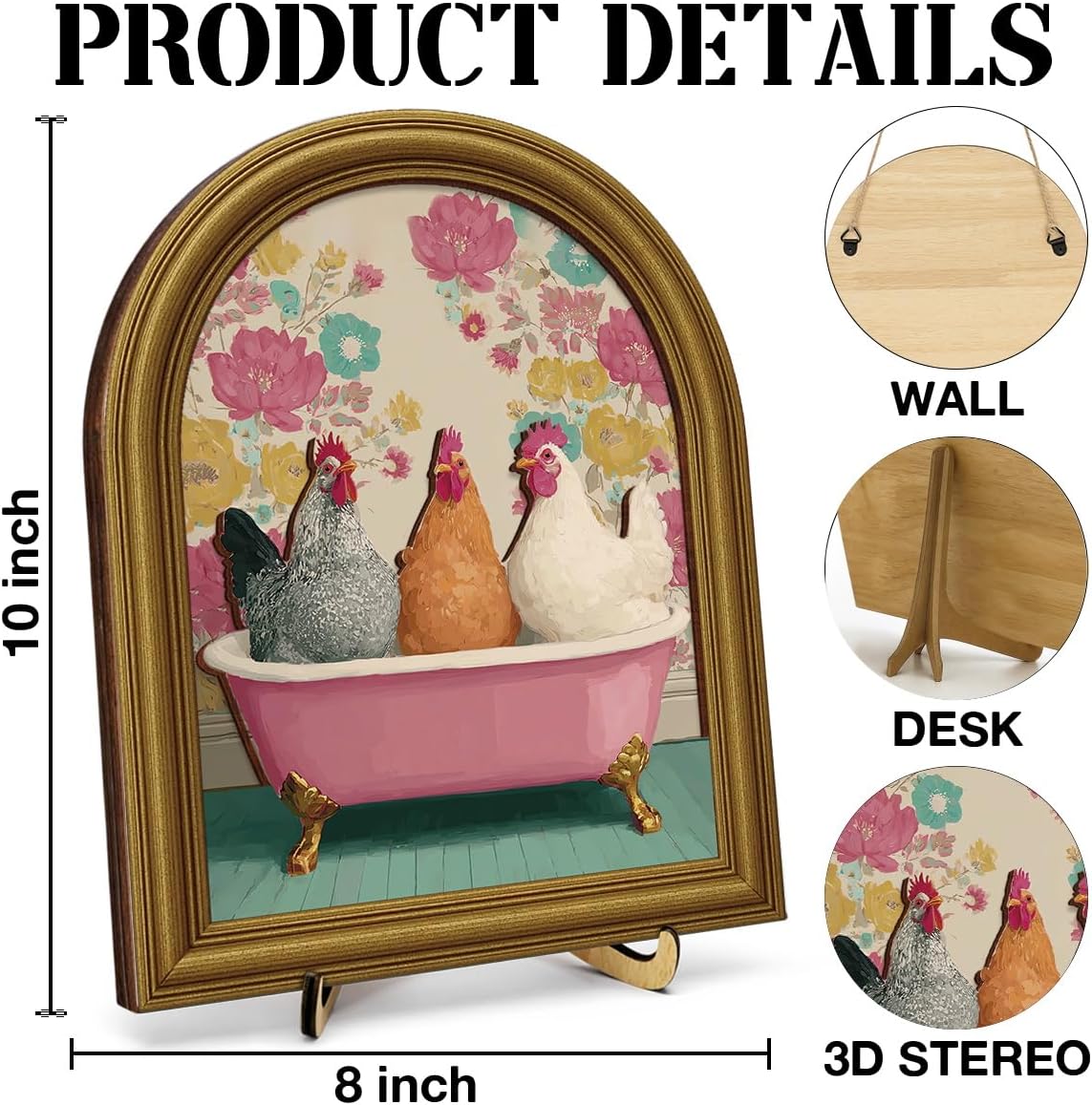 3D Funny Chicken Bathroom Decor Sign, Cute Floral Chickens Bathtub Framed Bathroom Wall Art Sign for Home Washroom Restroom Bedroom Wall Shelf Toilet Tank Decor 8x10 Inch image 2