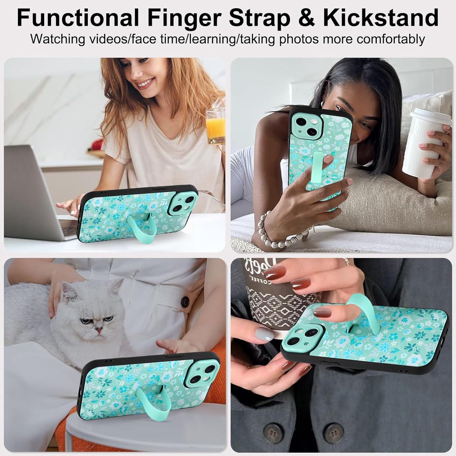 Compatible with iPhone 14 Case with Finger Hand Strap Kickstand, Cute Flowers Floral Phone Case for Girls Women Men, Full Camera Protection Shockproof Protective Cover, Green Flowers - Image 5
