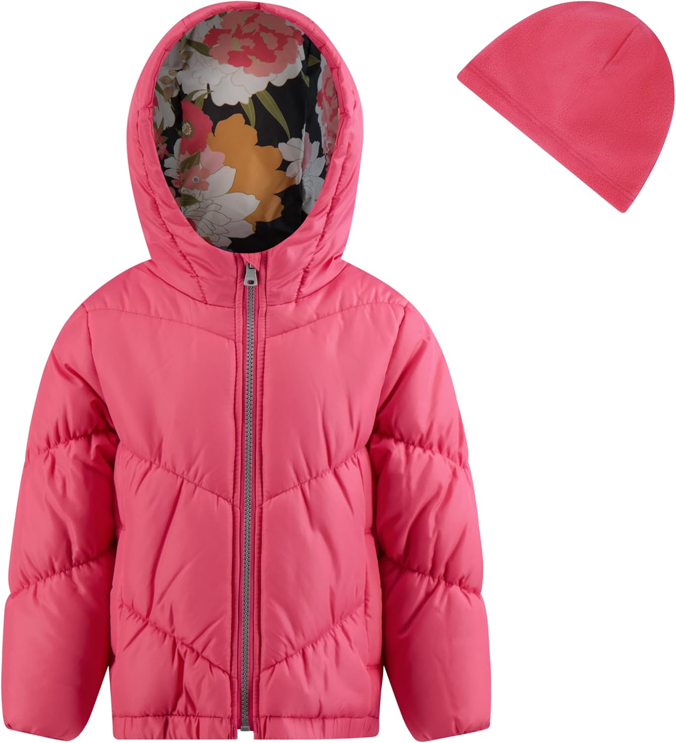 Jessica Simpson Girls' Puffer Jacket with Cozy Lined Hood and Matching Beanie, Pink Punch, 6X