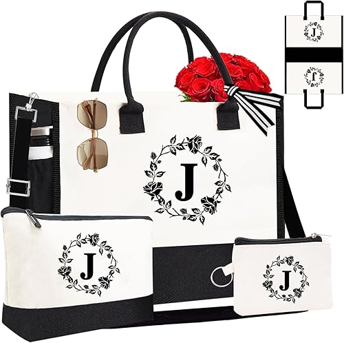 Adoryoung Monogram Personalized Initial Canvas Tote Bags for Women, Double-sided Embroidery Tote Beach Bags Gifts for Women