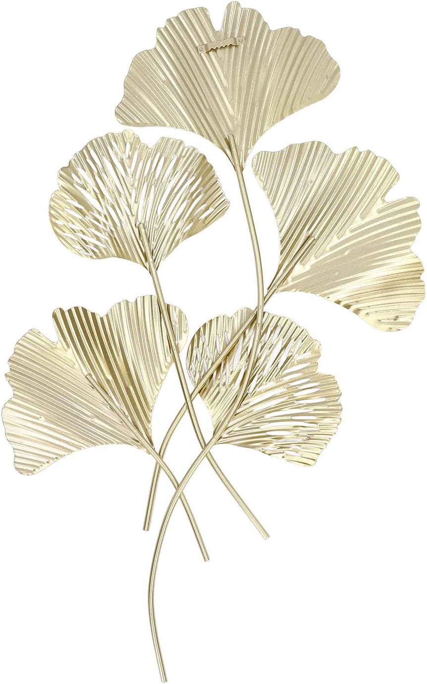 Diydeg Large Gold Metal Wall Decor, Golden Gingko Leef Ornaments Art Wall Sculpture Metal Wall Hanging Decor, for Living Room, Bedroom, Office, Study, Large (23.6 x 13.8 in)