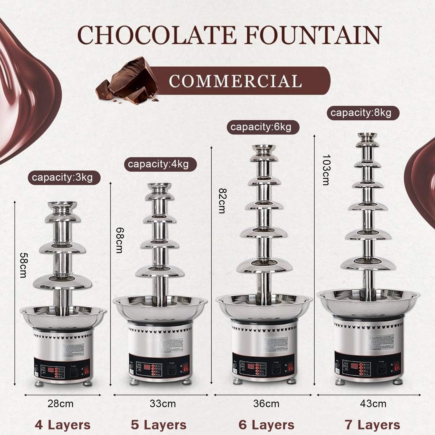 Máquina de fuente de chocolate eléctrica de acero inoxidable, fuente de fondue de 4 niveles para derretir chocolate, dulces, mantequilla y queso, perfecta para fiestas y eventos