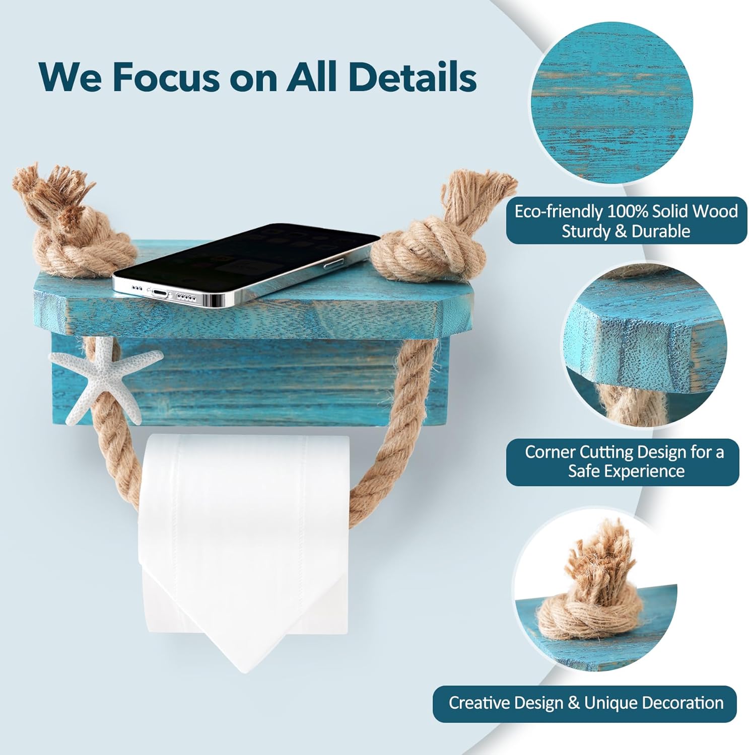 Nautical Rope Toilet Paper Holder–Blue Farmhouse Bathroom Decor Beach Rope Starfish Coastal Towel Holder Wall Mount–Towel Rack Unique Rustic Tissue Roll Holder with Wood Shelf