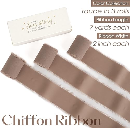 Miniatura 2 de MEEDEE Cinta de gasa taupe de 2 pulgadas, cintas deshilachadas con flecos, para manualidades, cintas de gasa de seda para envolver regalos,