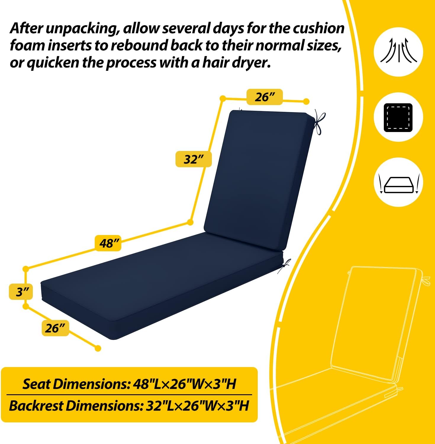 AAAAAcessories Outdoor Chaise Lounge Cushions for Patio Furniture Lounge Chairs, Water Resistant Fabric, 80 x 26 x 3 Inch, Navy