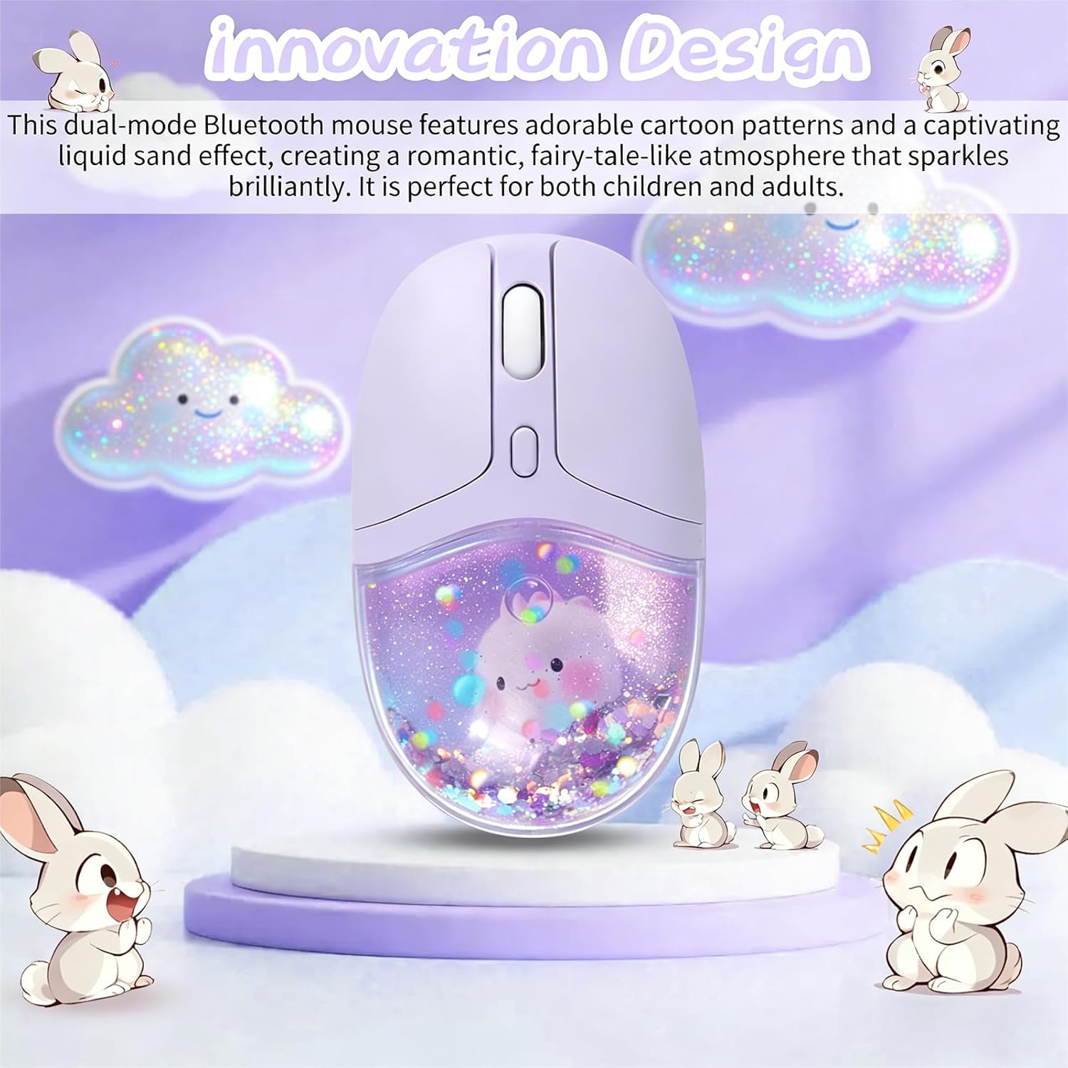 Wireless Bluetooth Mouse -Cute Clear Aqua Design, Glitter Liquid Sand Water Mouse with Optical Precision, Silent Clicks, LED Breathing Light,Transparent Retro Style for Home Office (Purple)