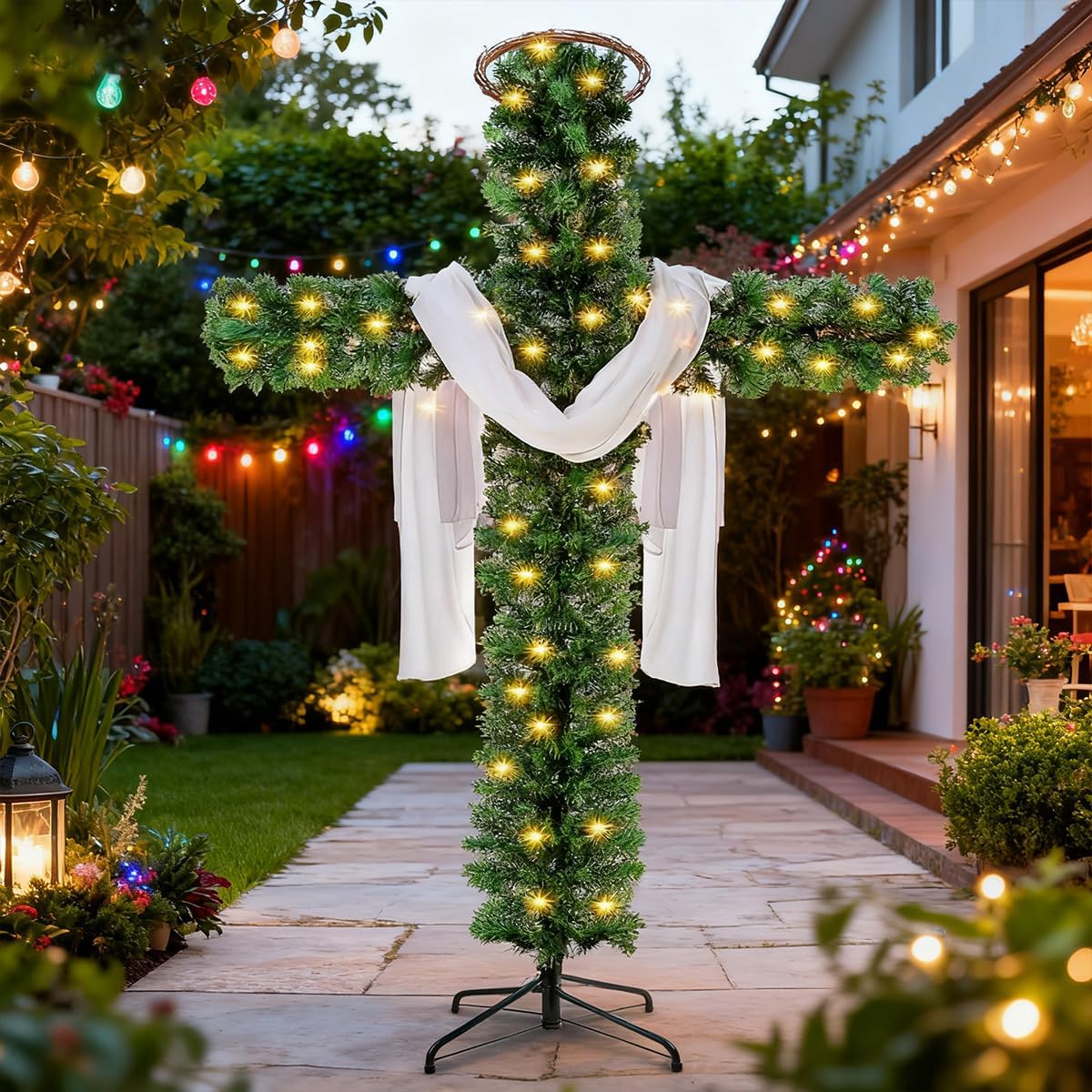 Christmas Tree Shaped Like a Cross, Foldable Cross Christmas Tree, Pre-Lit Artificial Pine Christmas Cross, with Light String, White Scarves and Wooden Rattan Ring, Large Christmas Decorations(6ft)