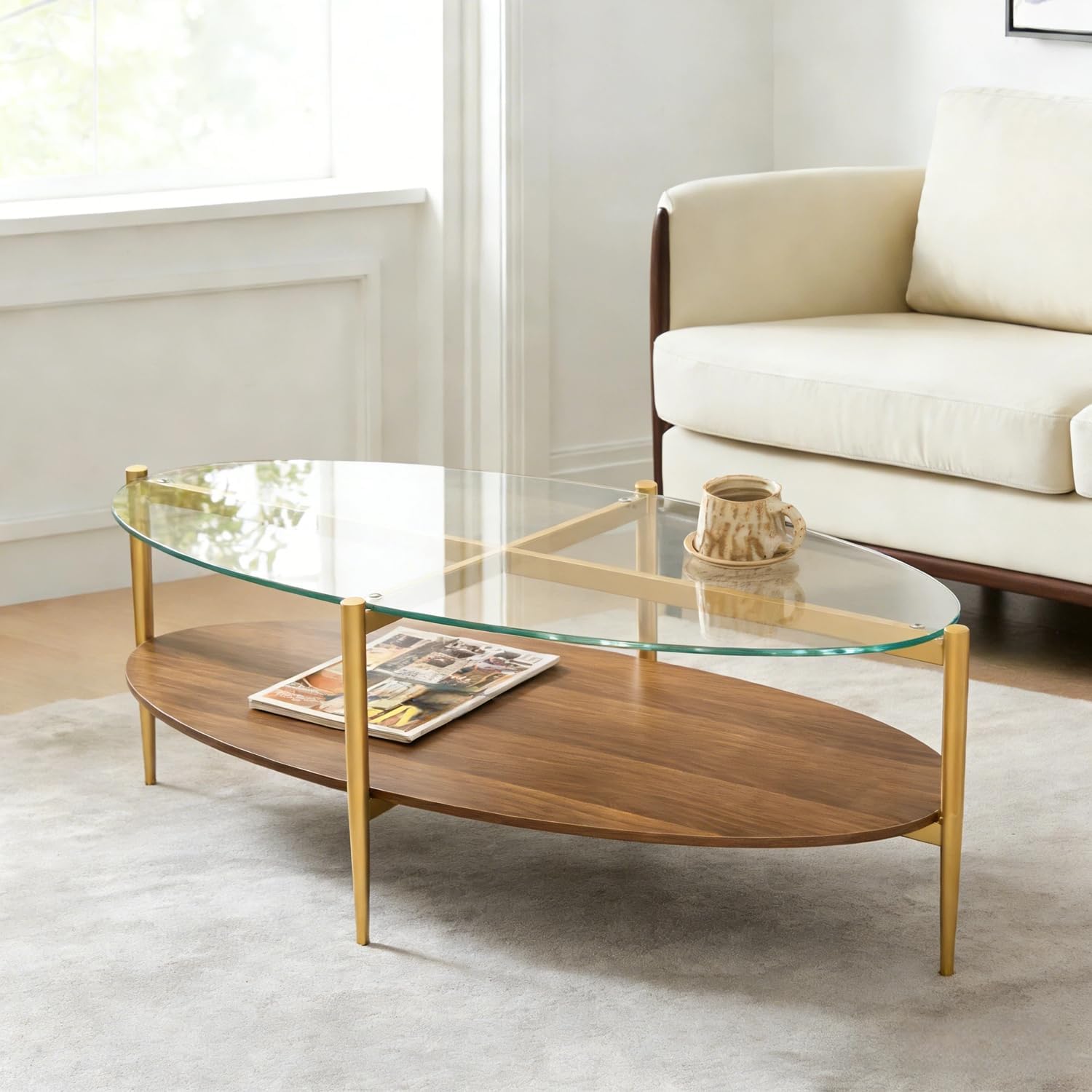 AGV LIGHTING Oval Coffee Table, Mid-Century Modern Coffee Table, Glass Coffee Table, Glod Finish Legs, Thick Tempered Clear Glass Top with Walnut MDF Shelf
