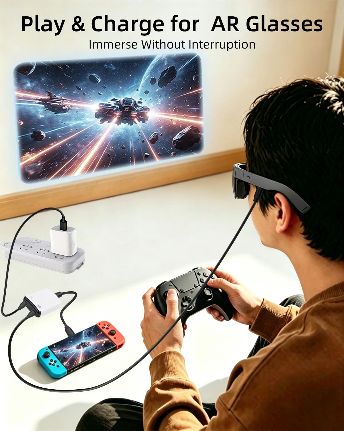 GELRHONR Adapter do okularów USB C na AR, koncentrator szybkiego ładowania PD 100 W, ładowanie i odtwarzanie, wyjście wideo 8K przy 60 Hz, do gier ręcznych, okularów AR, laptopów, tabletów