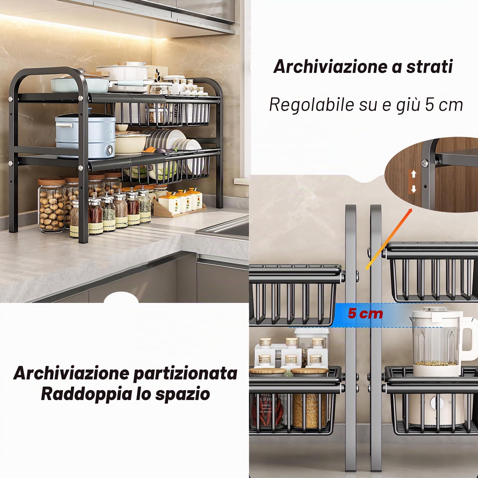 ViWaVee Organizer Sottolavello Cucina, Organizer a 2 Livelli Con 4 Cestelli Estraibili e 4 Pannelli, Scaffale Sotto Lavabo Per Cucina, Organizzatori Bagno(Nero, 53 cm - 83 cm)