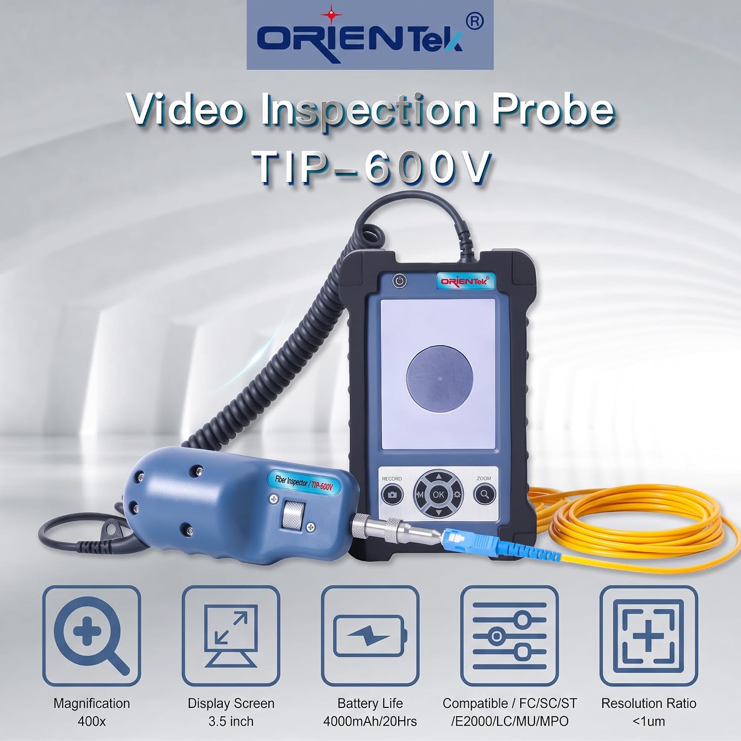 Orientek TIP-600V Fiber Optic Inspection Probe APC 400x Microscope | 400x Magnification, Video Scope, APC UPC Connector, Fiber Inspector Tool, Model TIP-600V