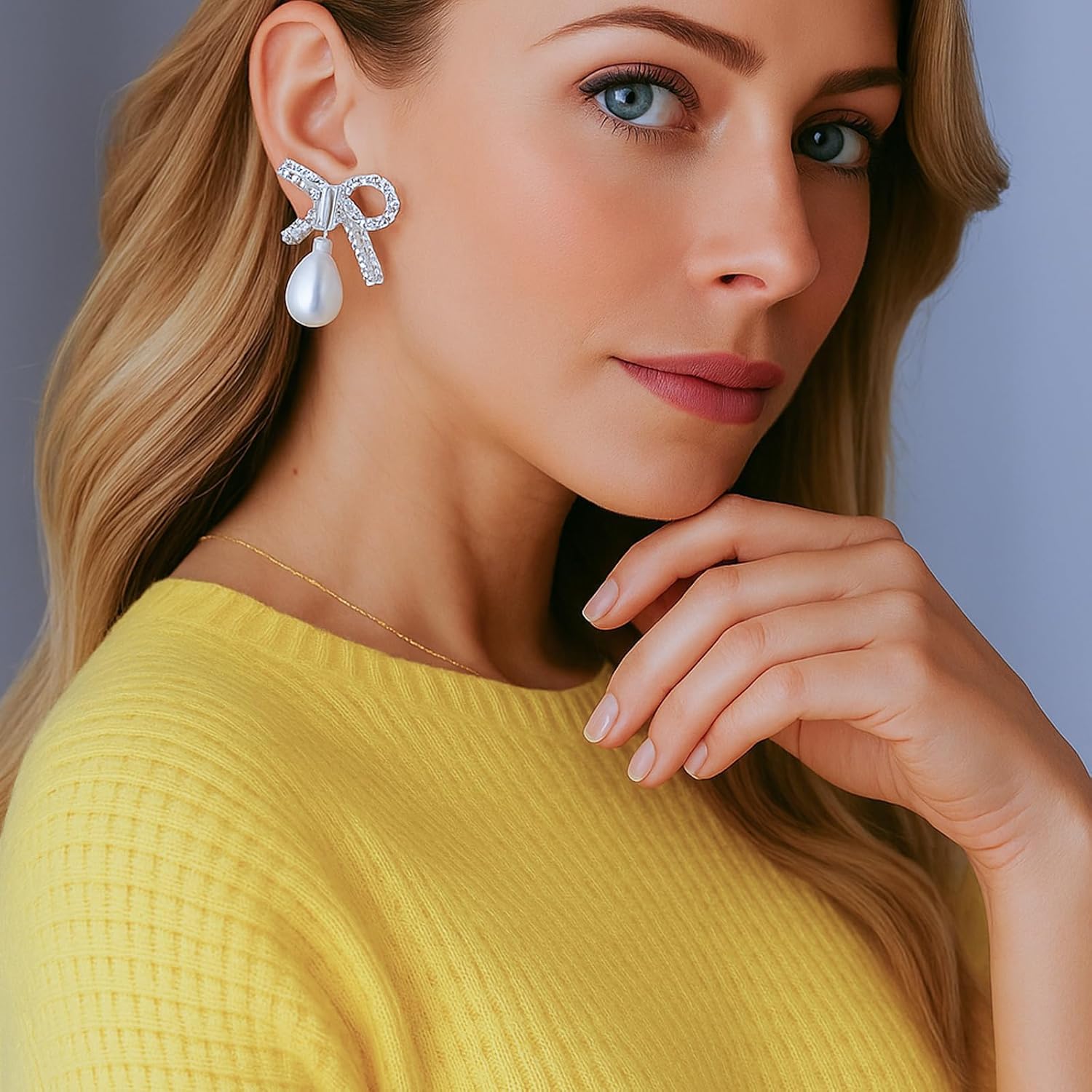 Rhinestone Pearl Bow Earrings for Women Dangly Statement Hypoallergenic Pearl Drop Earrings Wedding Jewelry Brides Gifts - Image 3