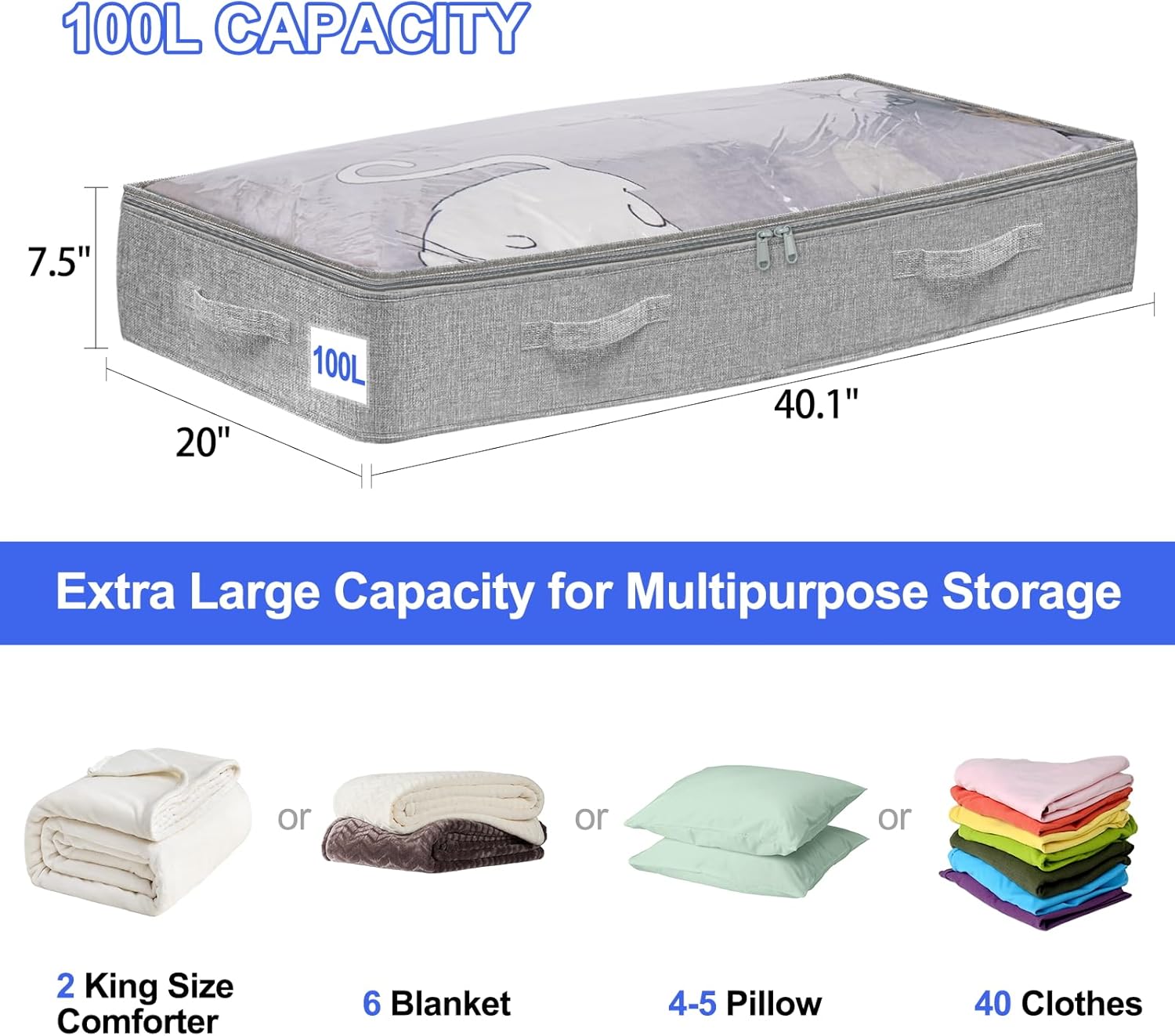 punemi 6-Pack Under Bed Storage Bags (No Support) - 100L Extra Large, Foldable Zipper Storage Containers for Blankets, Clothes & Comforters - Fabric Bins with Lids for Dorms, Closets & Organizing