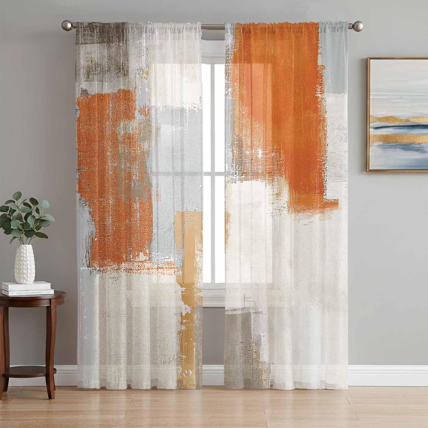 Orange Sheer Curtains 72 Inch Length 2 Panels Set, Orange and Gray Kitchen Curtains Rod Pocket Semi Sheer Drapes for Bedroom Living Room, Voile Window Treatment Abstract Graffiti Curtains Decor