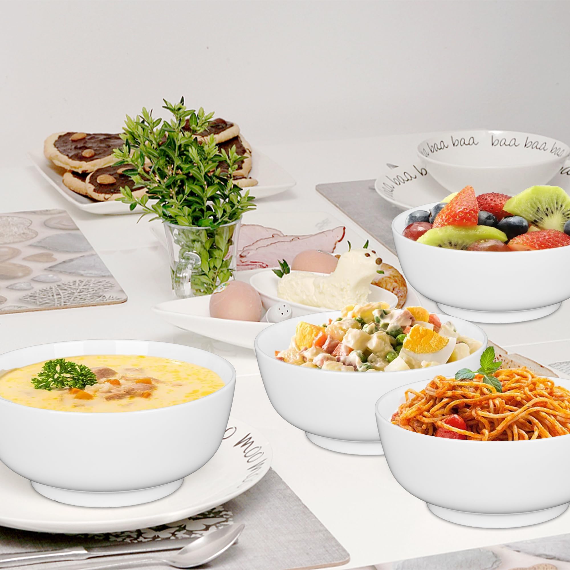 Lot de 4 bols à céréales en céramique - 1400 ml - Grands bols à soupe - Pour salade, ramen, riz, pho, nouilles, fruits, etc. - Passe au micro-ondes - Blanc - Diamètre : 18 cm