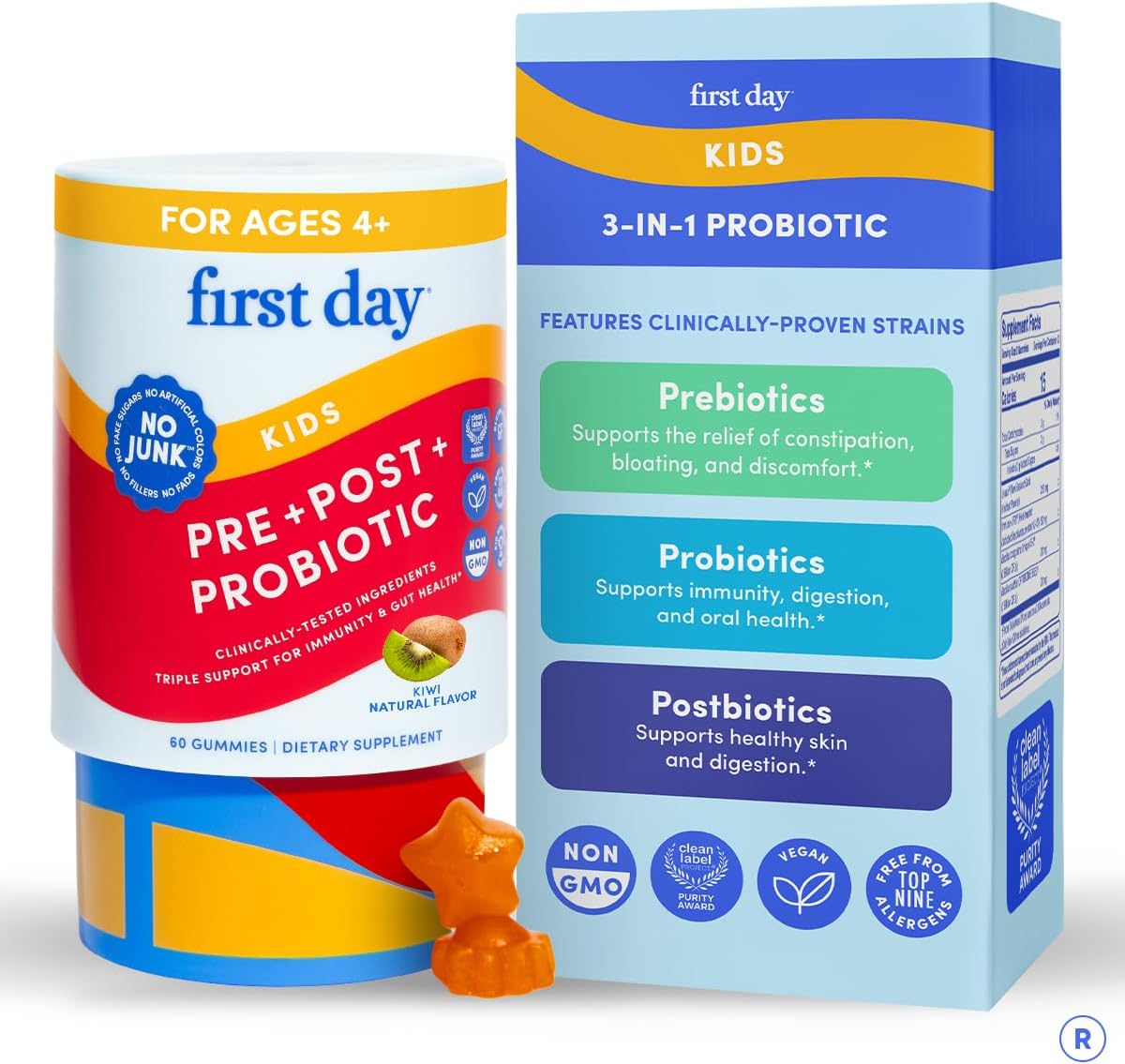 FIRST DAY Kids 3-in-1 Probiotic Gummies – Prebiotic + Probiotic + Postbiotic Supplement – Supports Digestive & Oral Health, Immune Function & Energy Levels – 30-Day Supply