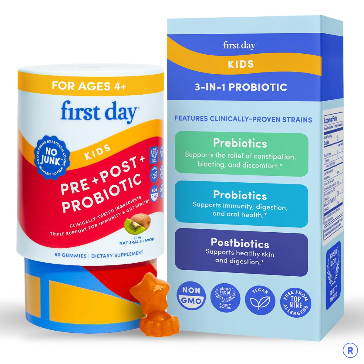 FIRST DAY Kids 3-in-1 Probiotic Gummies – Prebiotic + Probiotic + Postbiotic Supplement – Supports Digestive & Oral Health, Immune Function & Energy Levels – 30-Day Supply