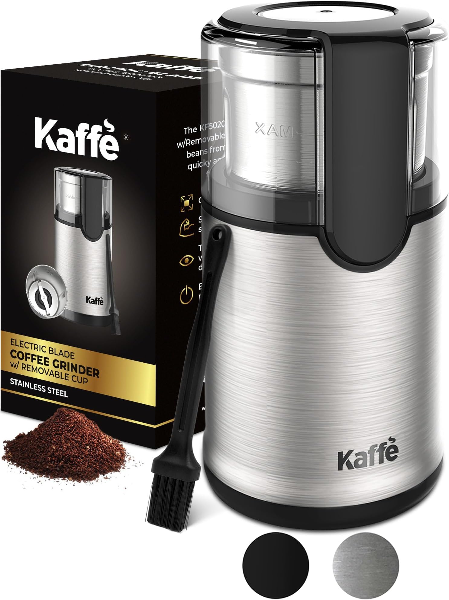 Kaffe Electric Coffee Blade Grinder w/Removable Cup - 4.5oz - Stainless Steel (w/Cleaning Brush)