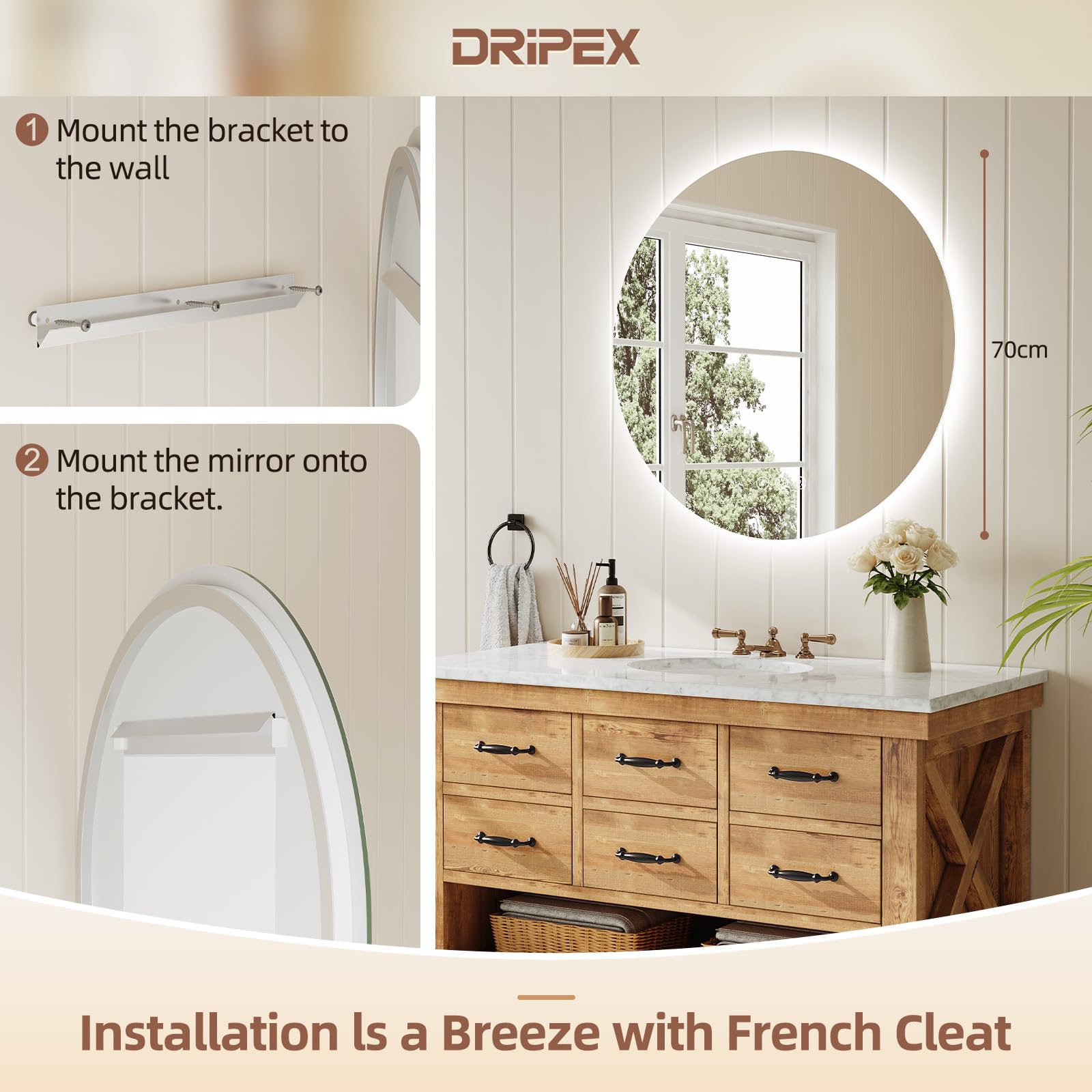 Dripex Miroir Salle de Bain 70cm, Miroir LED Rond Anti-buée, 3 Couleurs, Dimmable, Interrupteur Tactile