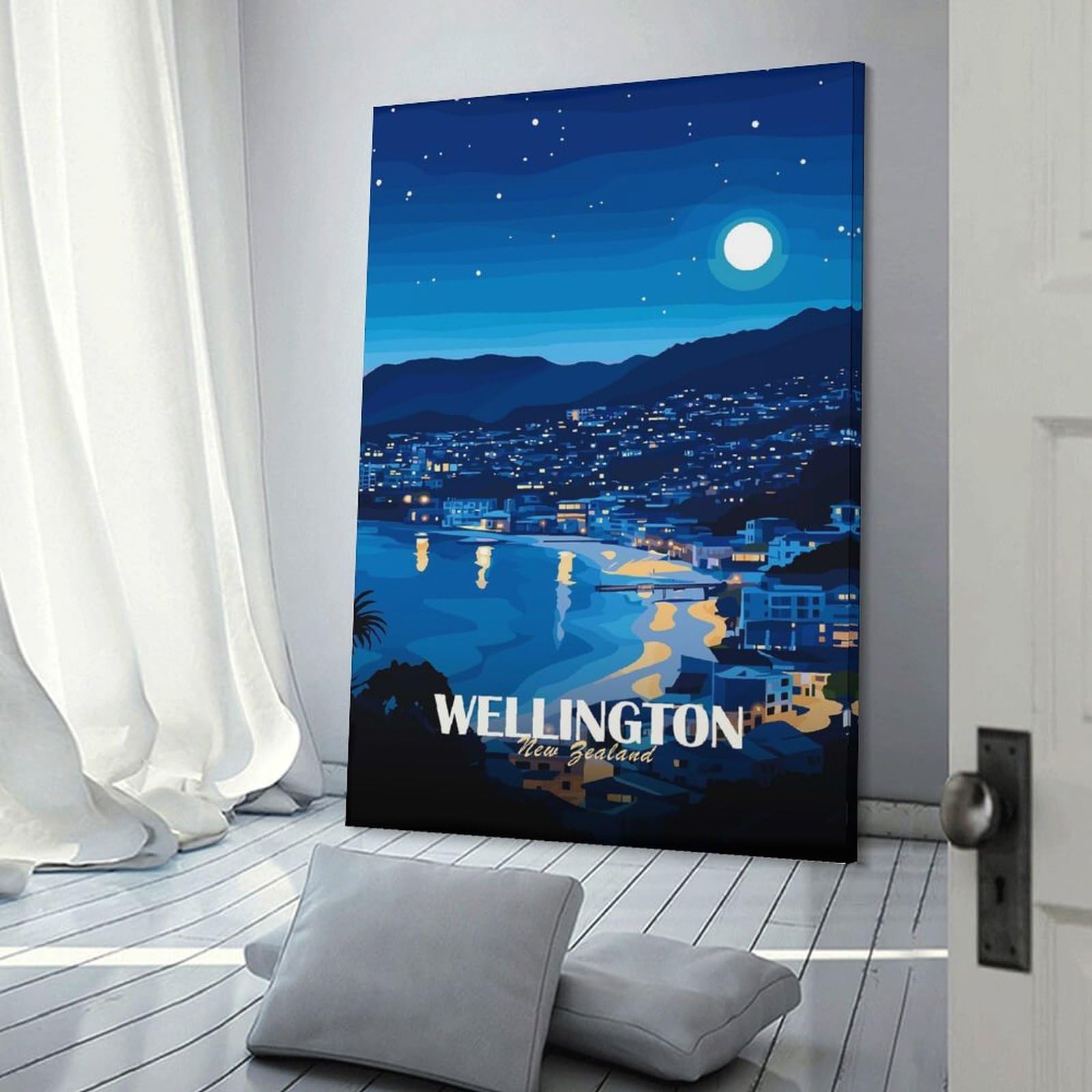 Junmoney Decorative Wall Artwork Wellington New Zealand Night Cityscape, 20x30inch(50x75cm), for Corridors, Hallways Or Apartment Entries, Wall Decor to Refresh Empty Corners
