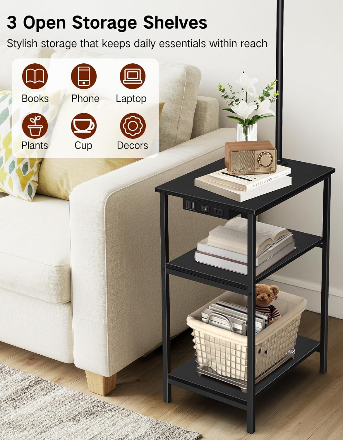 Floor Lamp with Table & Remote, Side End Table with Charging Station, Dimmable Nightstand with 3 Color Temperatures, 1-Hour Timer, 12W LED Bulb, for Living Room, Bedroom(Black)