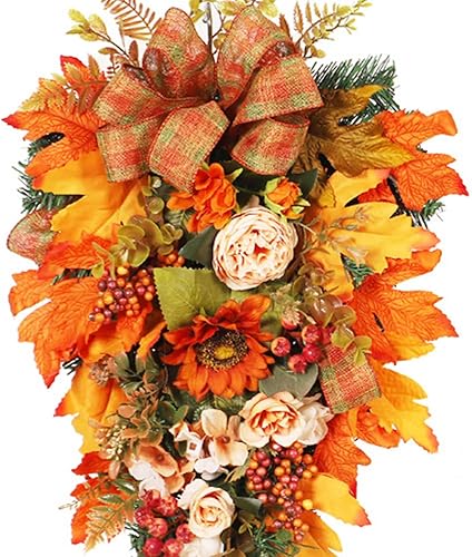 Miniatura 6 de Guirnalda de lágrima artificial de cosecha de otoño de 21.7 pulgadas para puerta delantera, corona de lágrima de Acción de Gracias con hojas de