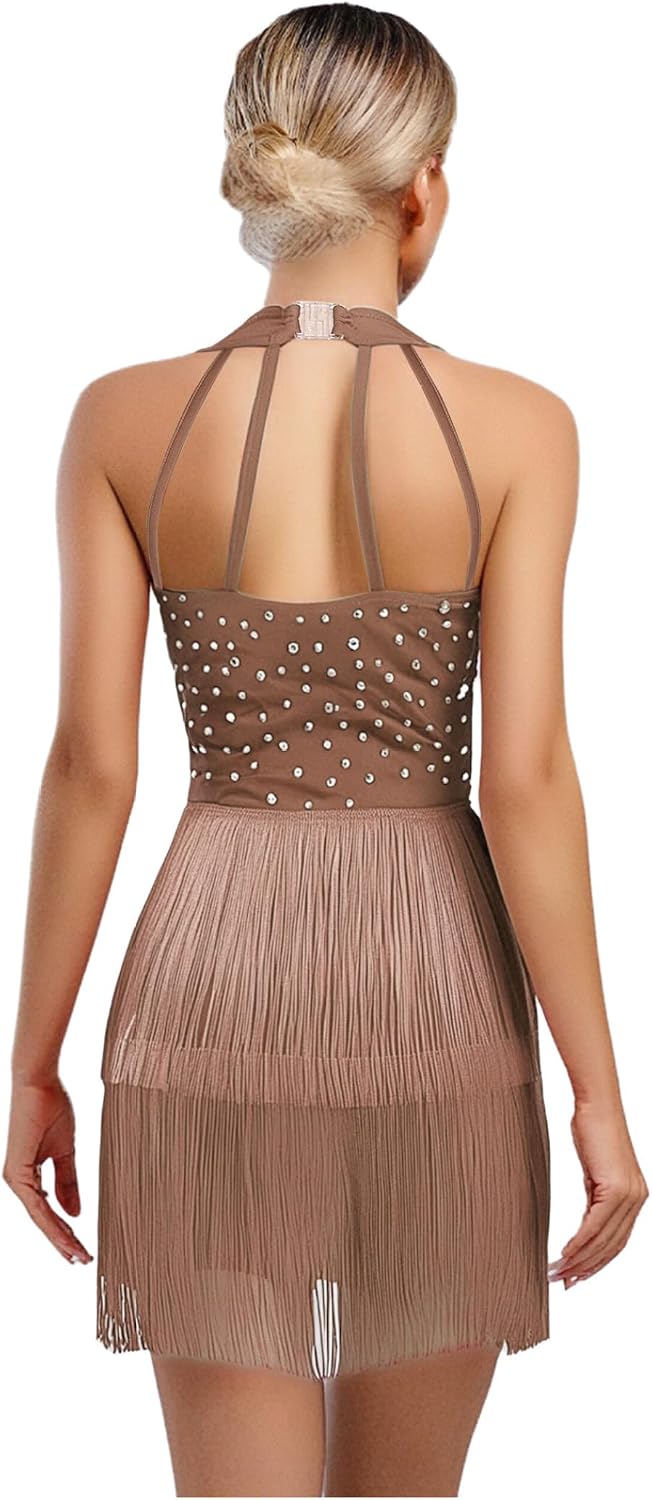 Women's Rhinestone Latin Dance Costume Samba Rumba Tango Sleeveless Fringe Dance Dress Cocktail Dress