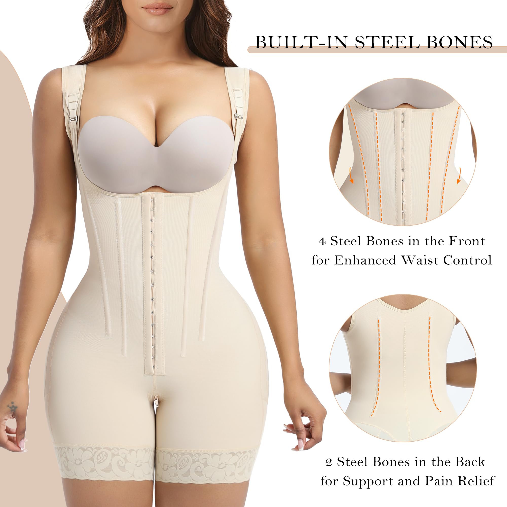 Fajas Colombianas Moldeadoras Fajas Shapewear Control de abdomen Body Shaper posparto Levantamiento de glúteos Prenda de compresión con huesos, Beige 4
