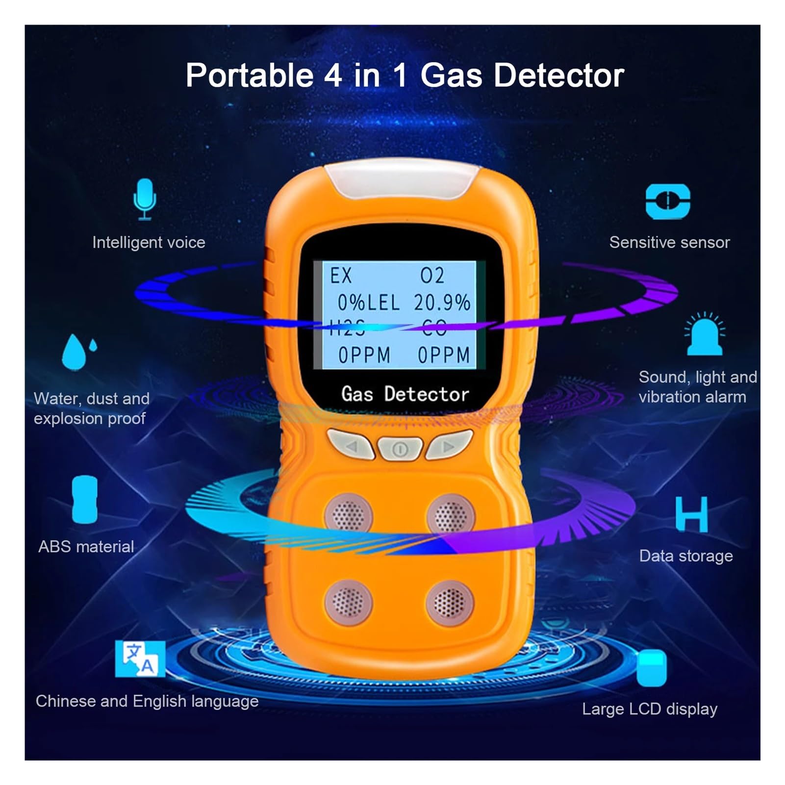 Testeur de Moniteur gaz à 4, analyseur, détecteur Portable, CO, Toxique numérique, Alarme Vibration, testeur qualité Large Gamme de Tests