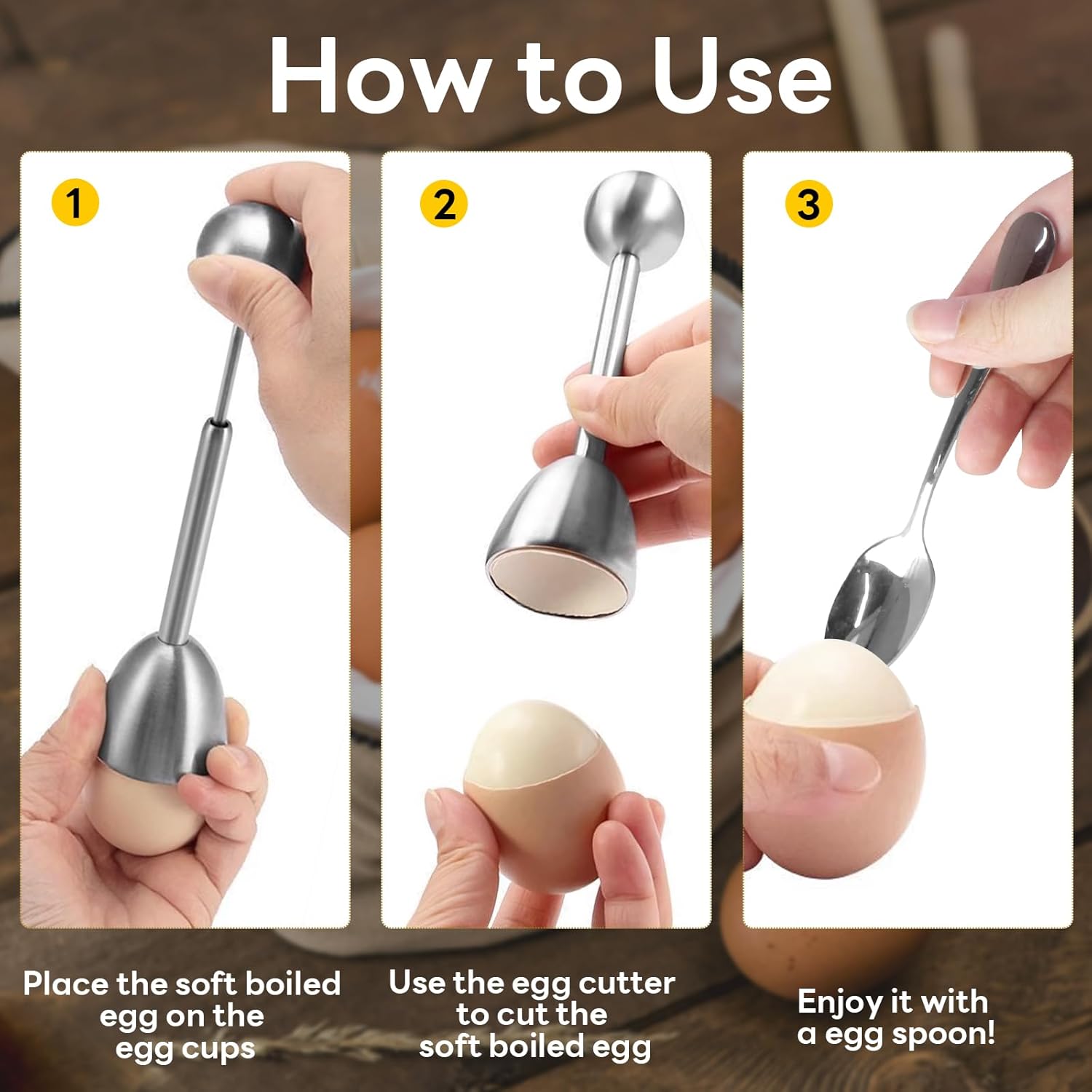 Egg Cups and Egg Cracker Set for Soft Boiled Eggs, 2 Stainless Steel Egg Cutter, 4 Stainless Stain Spoons and 4 Ceramic Egg Stands in Kitchen, Parties for Breakfast, Host
