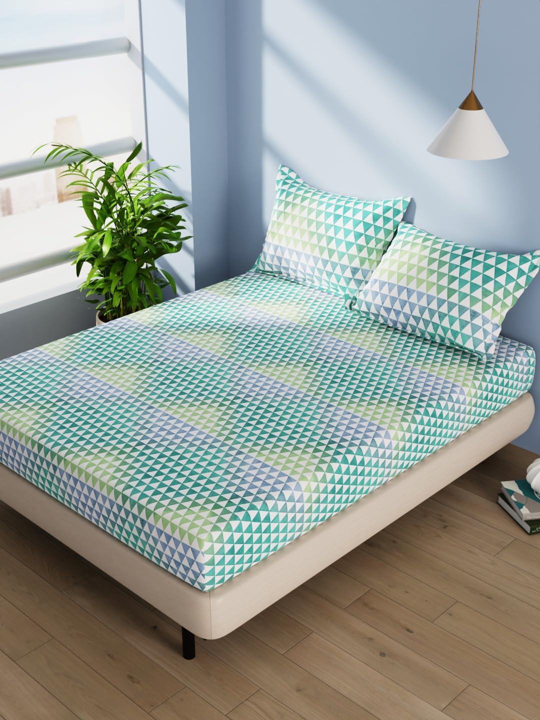 BIANCA Cotton Double Bedsheet with 2 Pillow Covers -3pc Set (Serina) | 100% Soft Natural Cotton | 1 Double Bedsheet with 2 King Size Pillow Covers Geometric-Blue/Green