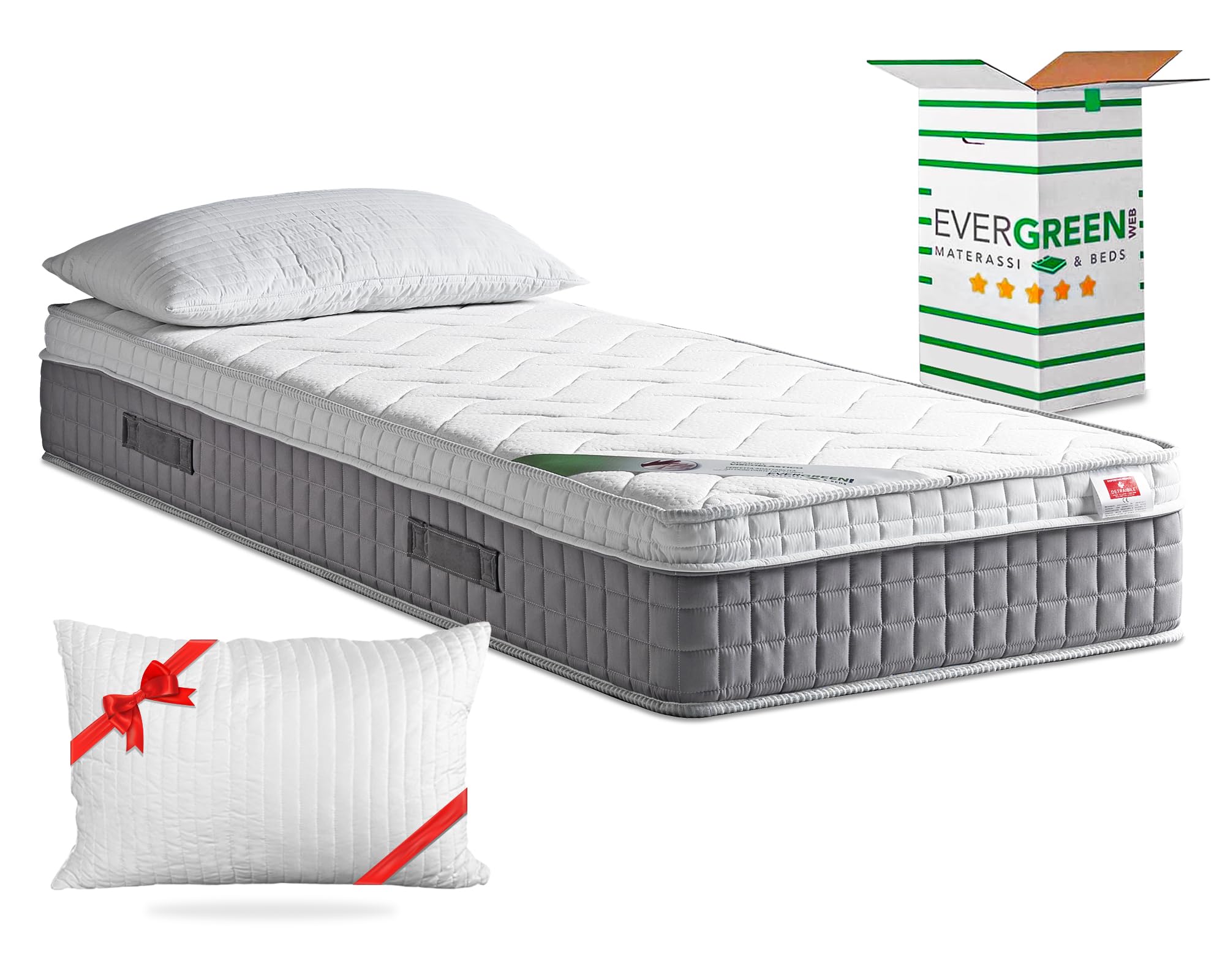 EVERGREENWEB - Materasso Singolo 80x190 in Memory Foam con Topper Alto 25 cm DISPOSITIVO MEDICO ‍ Detraibile + Cuscino GRATIS, Rivestimento Bianco Imbottito Effetto MASSAGIANTE Tessuto Antiacaro