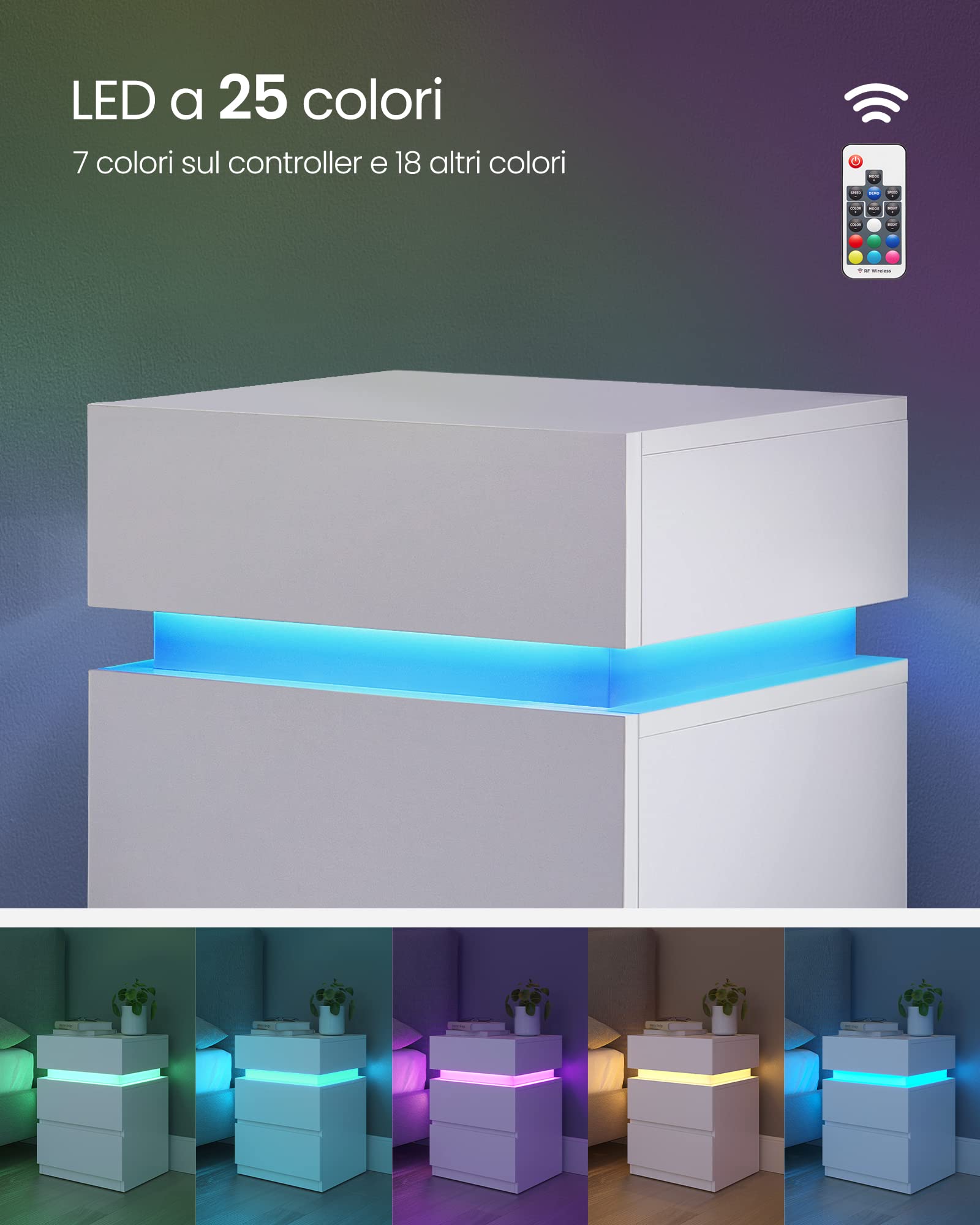 VASAGLE KAILYN Collezione - Comodino con Striscia Luminosa di Luci a LED Multicolore Variabile, 3 Cassetti, Tavolino in Stile Moderno, 35 x 40 x 55 cm, Bianco LET630T10