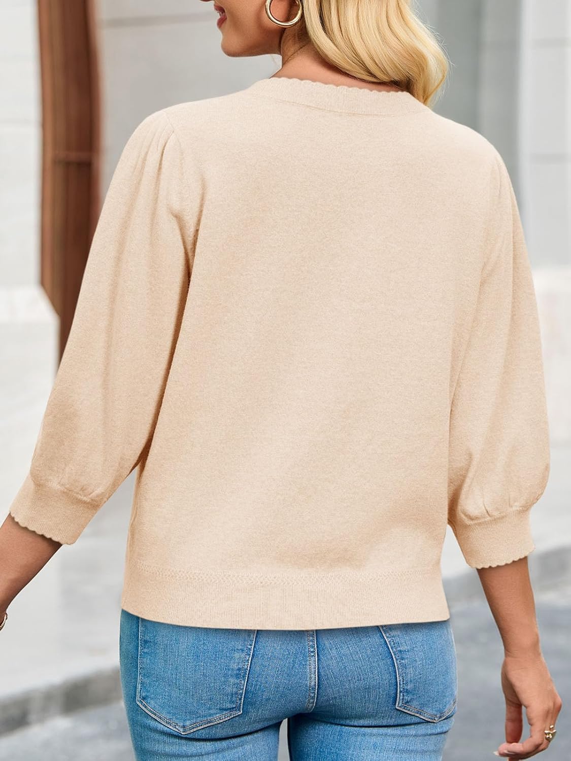 Cicy Bell Womens 3/4 Puff Sleeve Sweater Tops Fall Casual Crew Neck Lightweight Knit Pullover Loose Fit Scallop Trim Sweater - Image 3